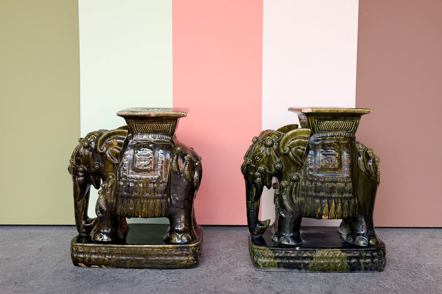 Pair of Terracotta Olive Green Elephant Garden Seats
