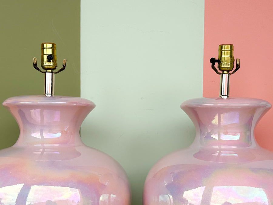 Pair of Large Irideescent Pink Globe Lamps