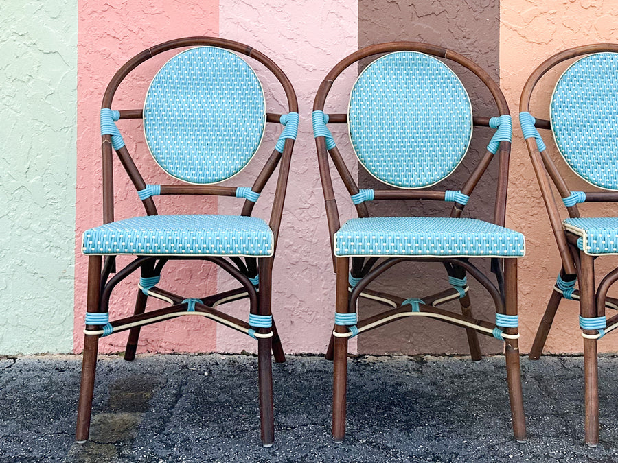 Set of Four Turquoise Rattan Bistro Chairs