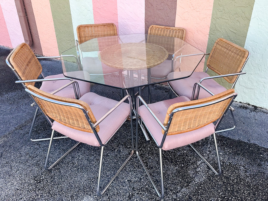 MCM Chrome and Wicker Dining Set