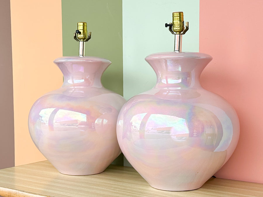 Pair of Large Irideescent Pink Globe Lamps