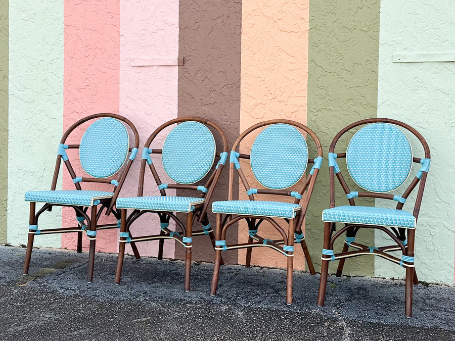 Set of Four Turquoise Rattan Bistro Chairs