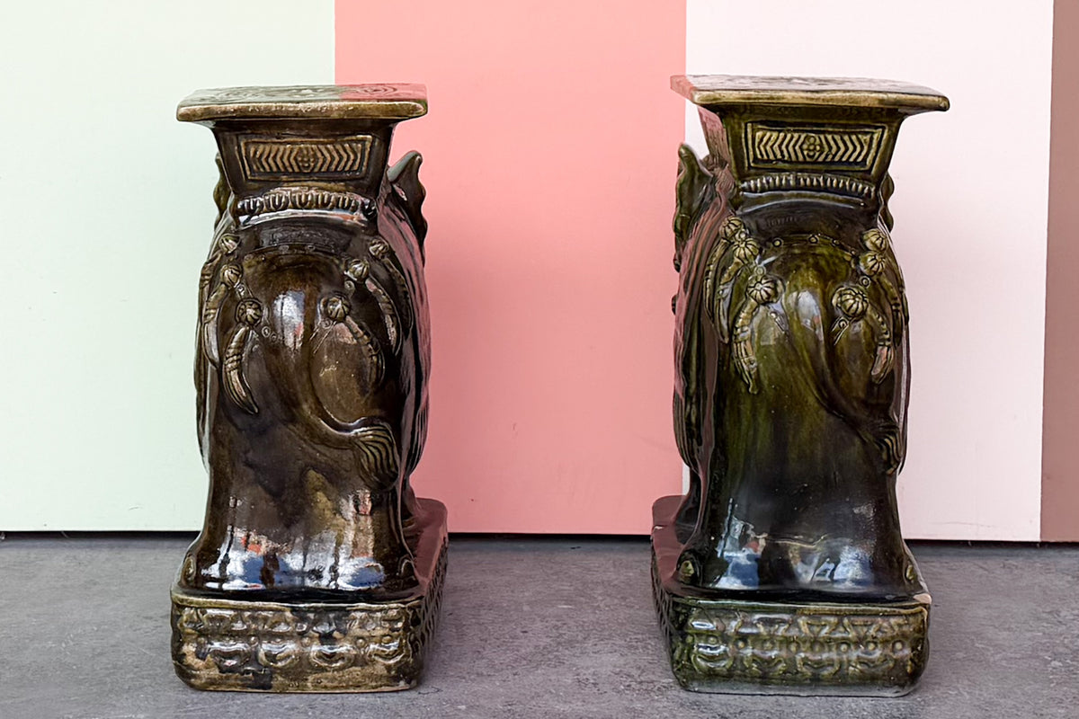 Pair of Terracotta Olive Green Elephant Garden Seats