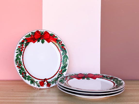 Set of Four Bow and Holly Dinner Plates