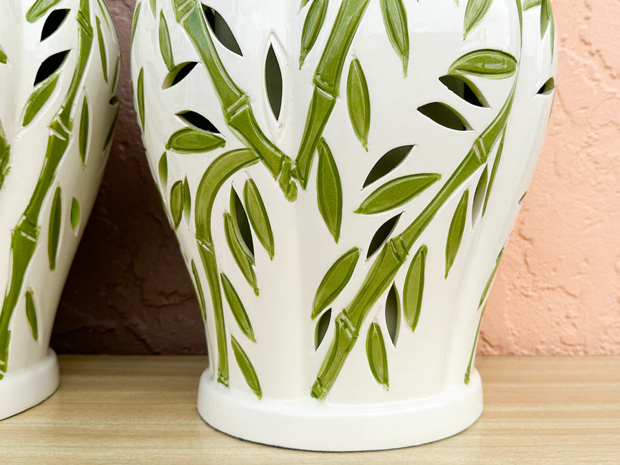 Pair of Pierced Green Faux Bamboo Lamps