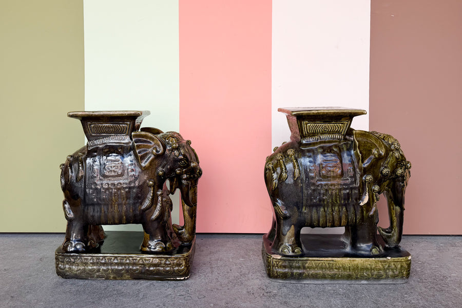 Pair of Terracotta Olive Green Elephant Garden Seats