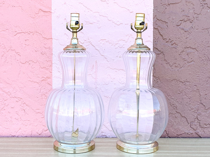 Pair of Fluted Glass and Brass Lamps