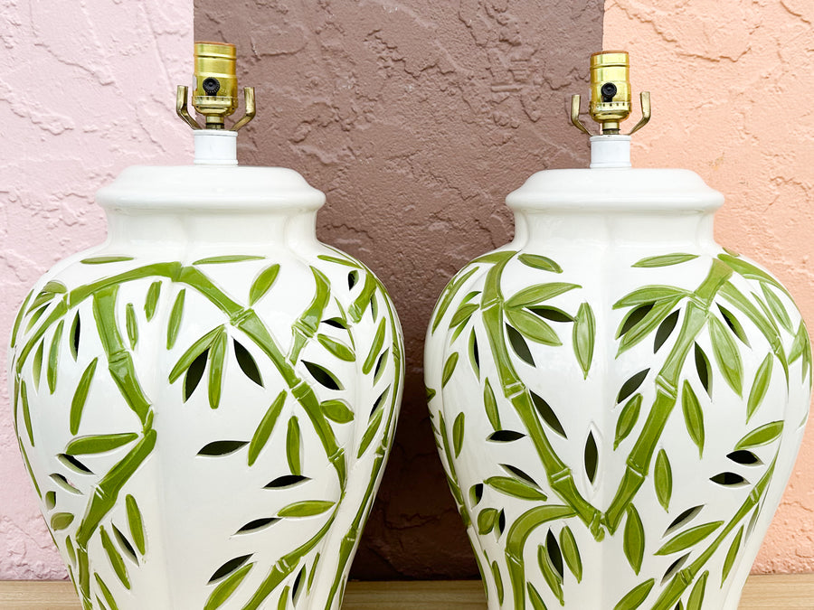 Pair of Pierced Green Faux Bamboo Lamps