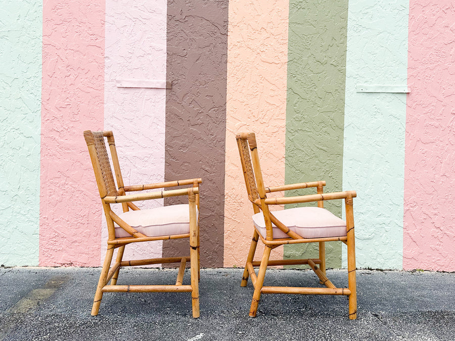 Set of Six Old Florida Rattan and Cane Dining Chairs