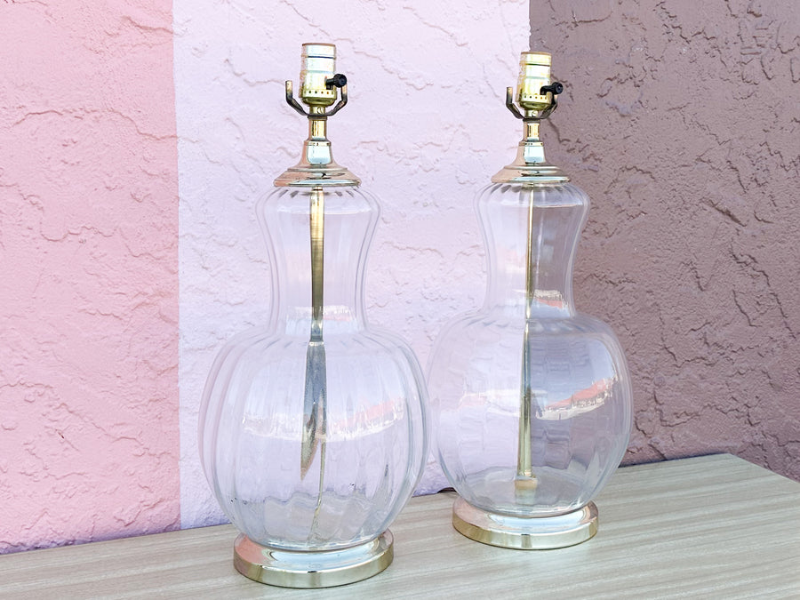 Pair of Fluted Glass and Brass Lamps