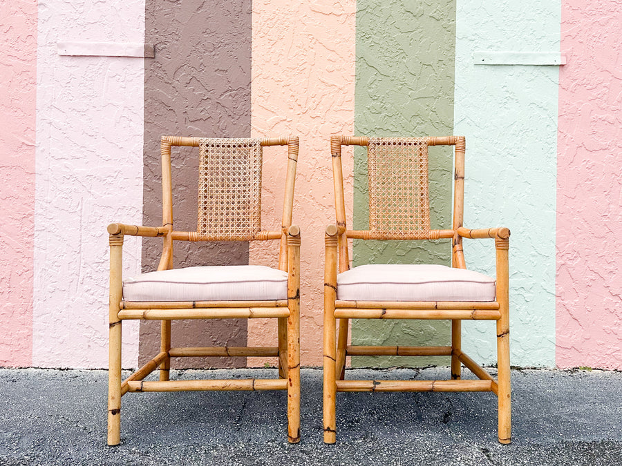 Set of Six Old Florida Rattan and Cane Dining Chairs