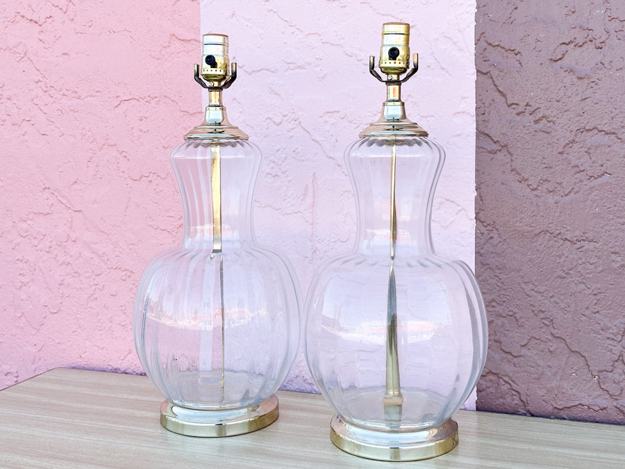 Pair of Fluted Glass and Brass Lamps