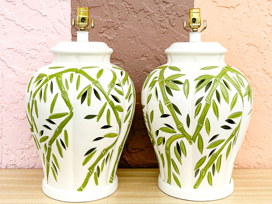 Pair of Pierced Green Faux Bamboo Lamps