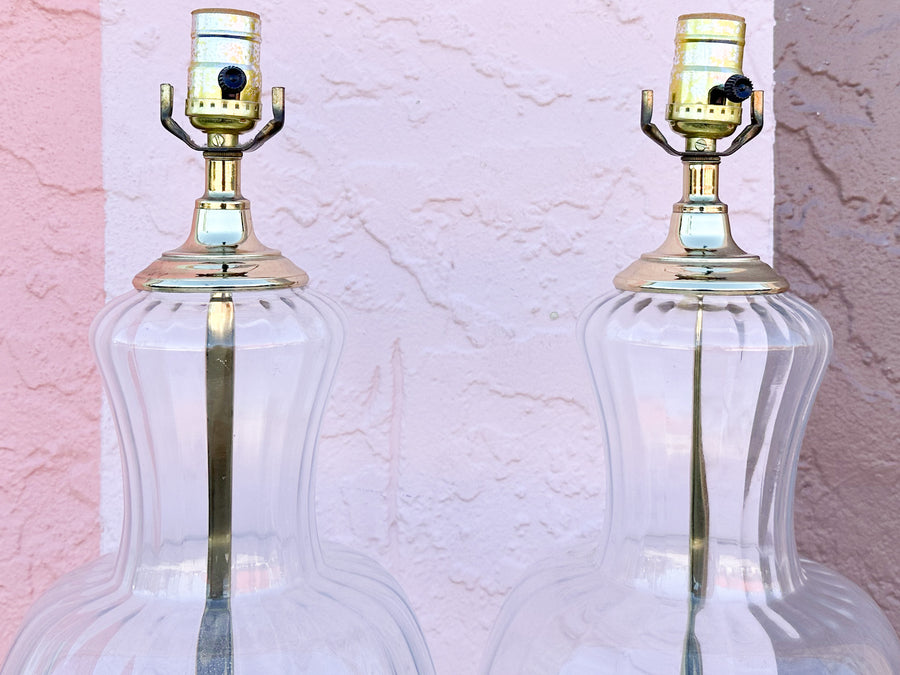 Pair of Fluted Glass and Brass Lamps