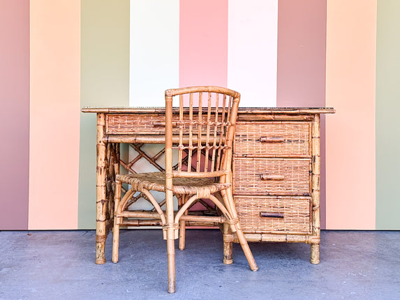 Coastal Rattan Chippendale Desk and Chair