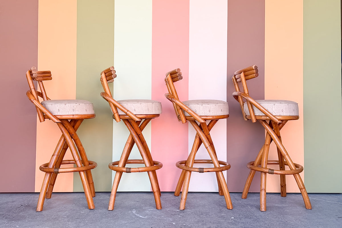 Set of Four Old Florida Rattan Bar Stools