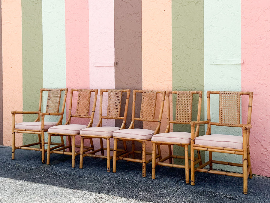 Set of Six Old Florida Rattan and Cane Dining Chairs
