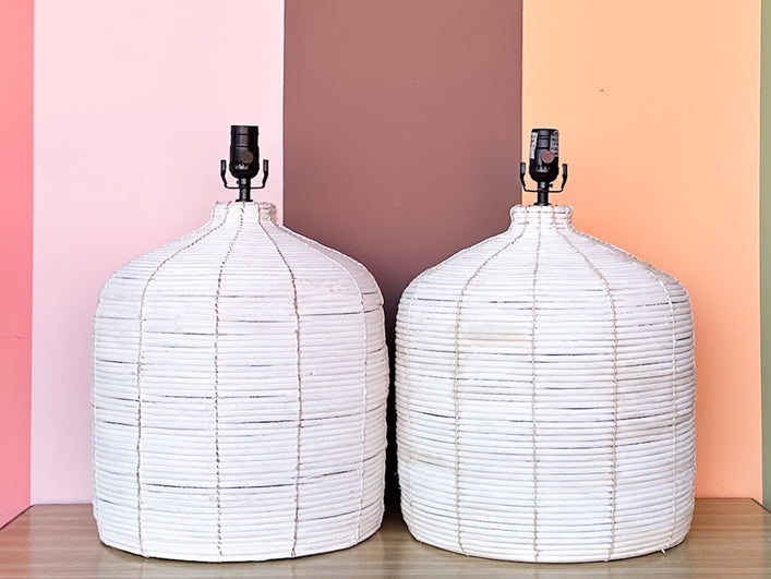 Pair of Island Chic Pencil Reed Rattan Lamps