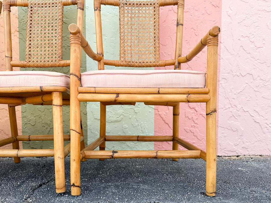 Set of Six Old Florida Rattan and Cane Dining Chairs