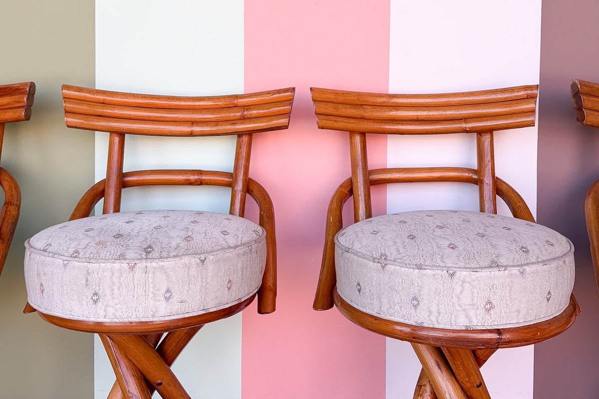 Set of Four Old Florida Rattan Bar Stools
