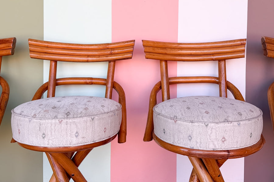 Set of Four Old Florida Rattan Bar Stools