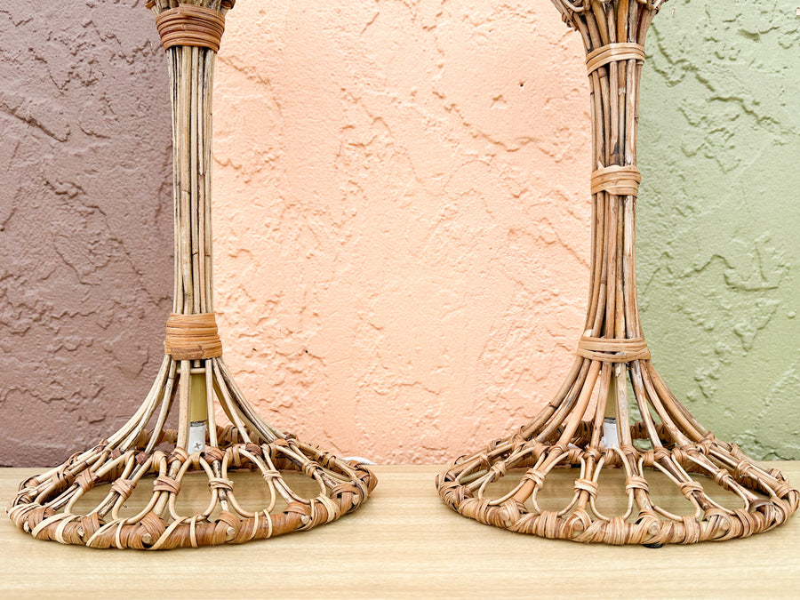 Pair of Bamboo Lamps with Custom Raffia Lampshades
