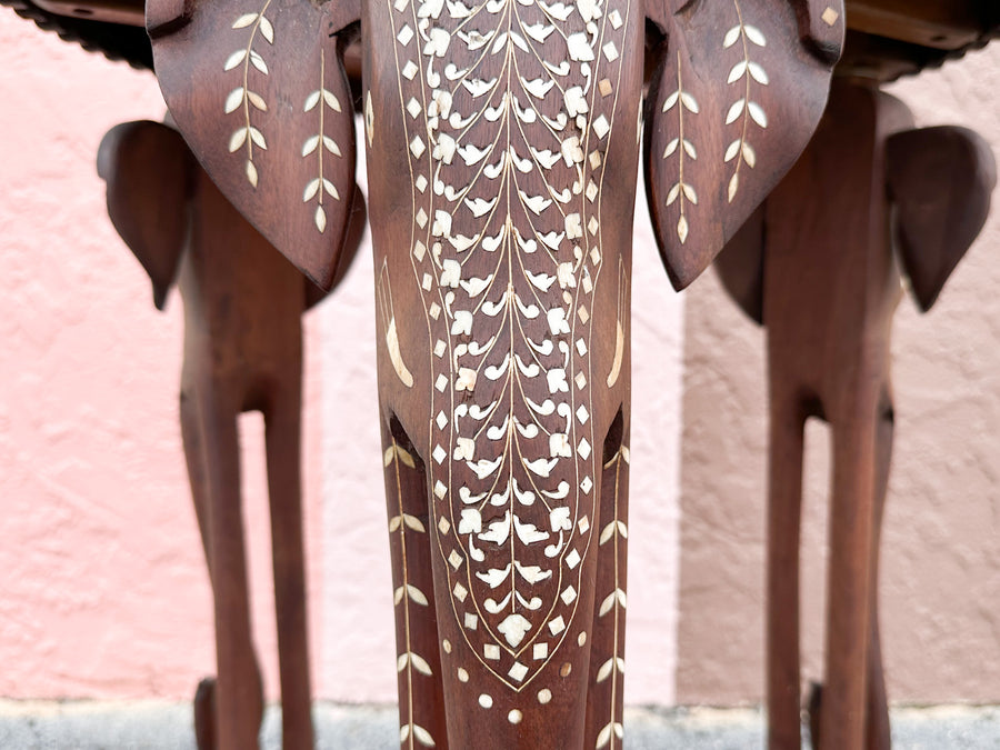 Inlaid Wood Elephant Side Table