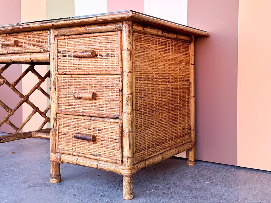 Coastal Rattan Chippendale Desk and Chair