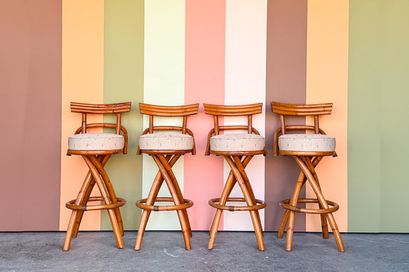 Set of Four Old Florida Rattan Bar Stools