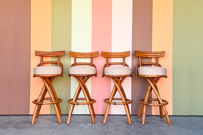 Set of Four Old Florida Rattan Bar Stools