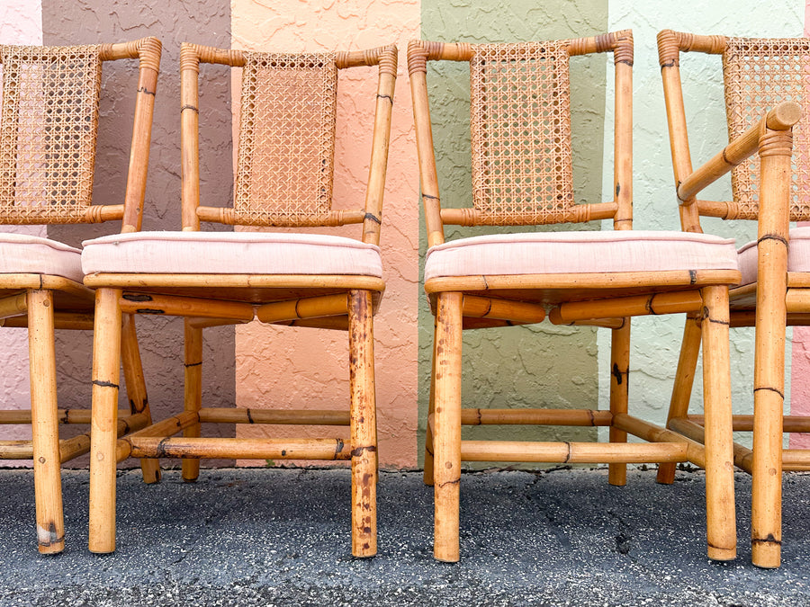 Set of Six Old Florida Rattan and Cane Dining Chairs
