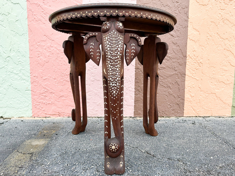 Inlaid Wood Elephant Side Table