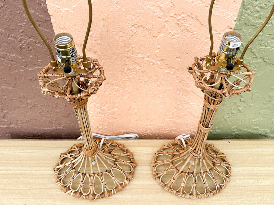 Pair of Bamboo Lamps with Custom Raffia Lampshades