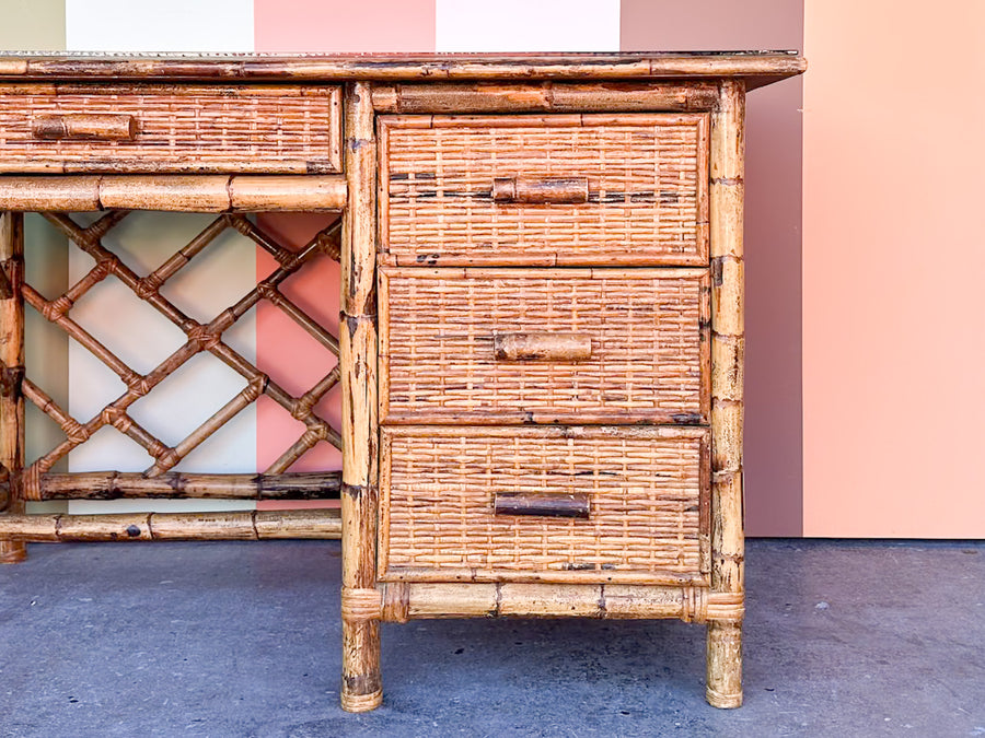 Coastal Rattan Chippendale Desk and Chair