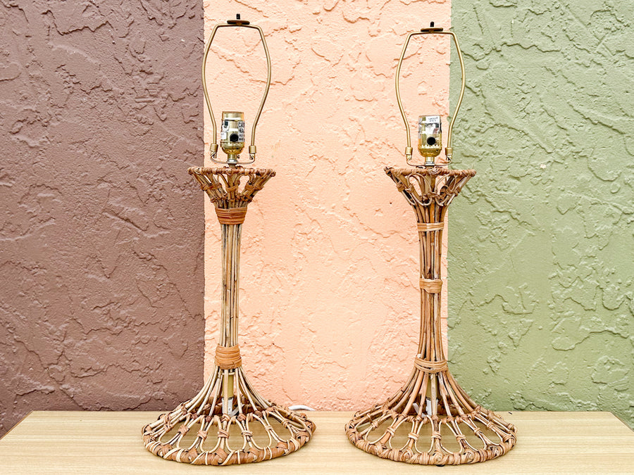 Pair of Bamboo Lamps with Custom Raffia Lampshades