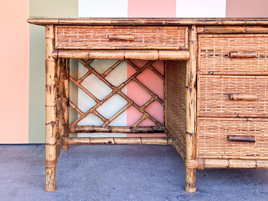 Coastal Rattan Chippendale Desk and Chair