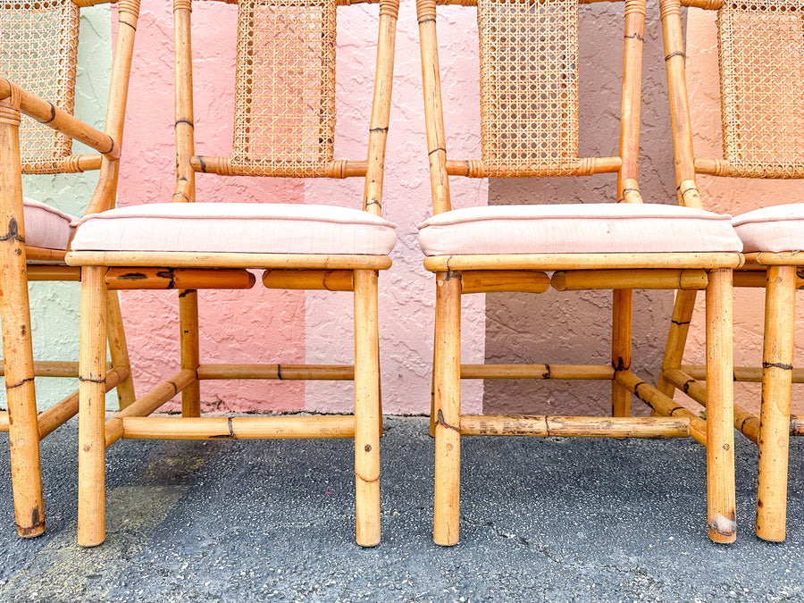 Set of Six Old Florida Rattan and Cane Dining Chairs