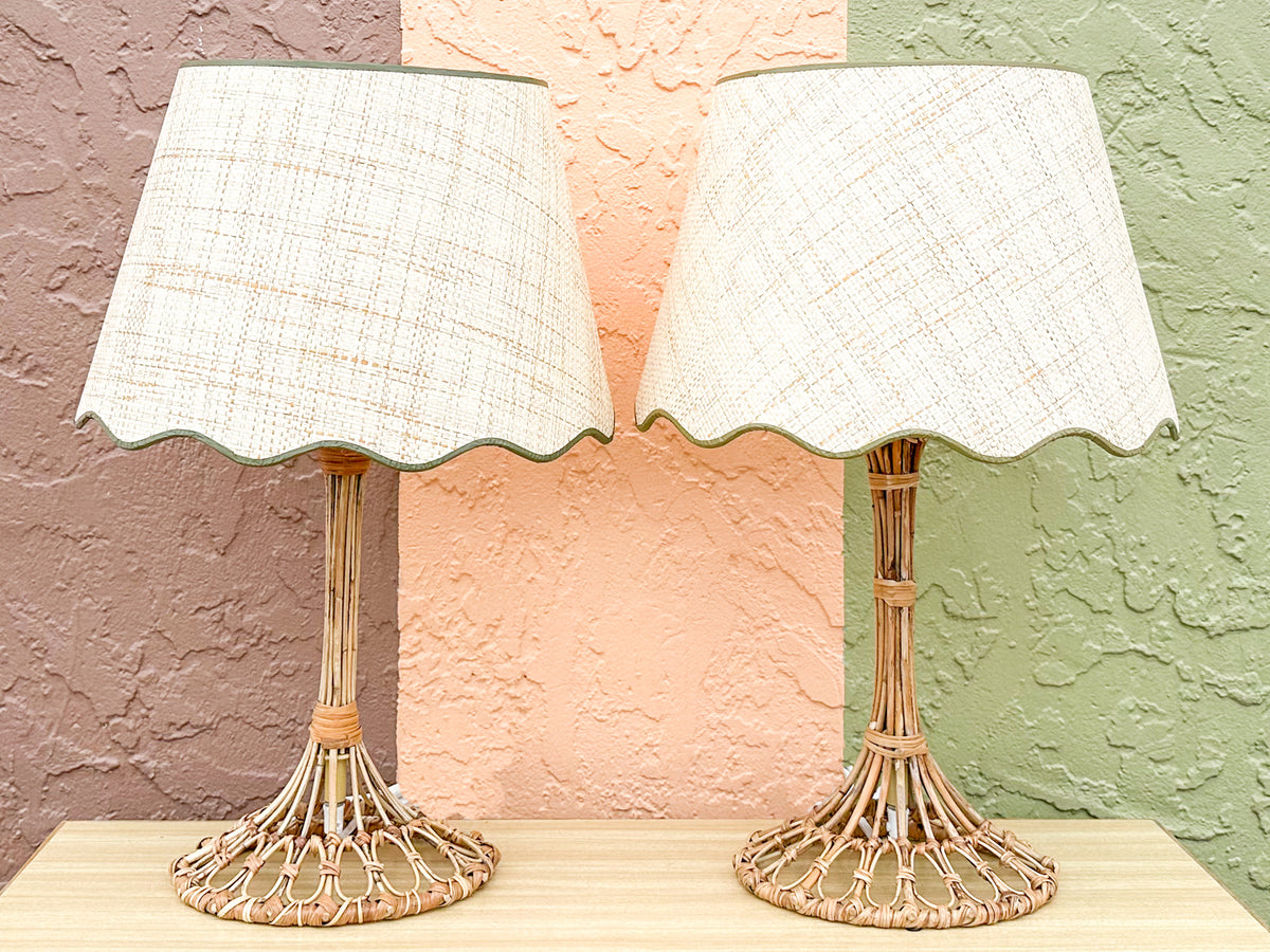 Pair of Bamboo Lamps with Custom Raffia Lampshades