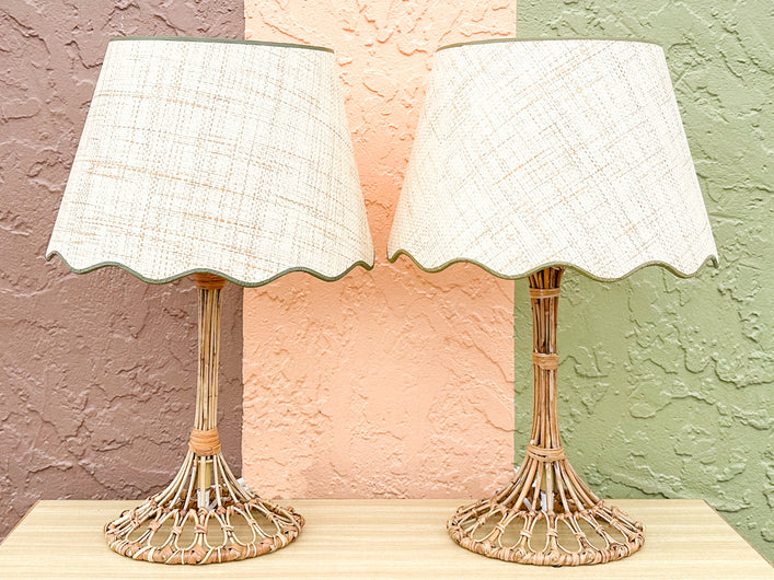 Pair of Bamboo Lamps with Custom Raffia Lampshades