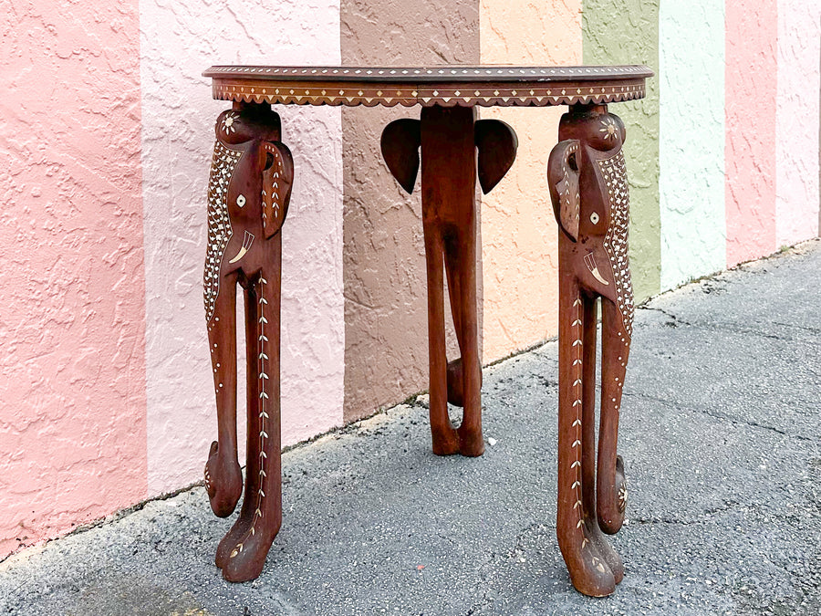 Inlaid Wood Elephant Side Table
