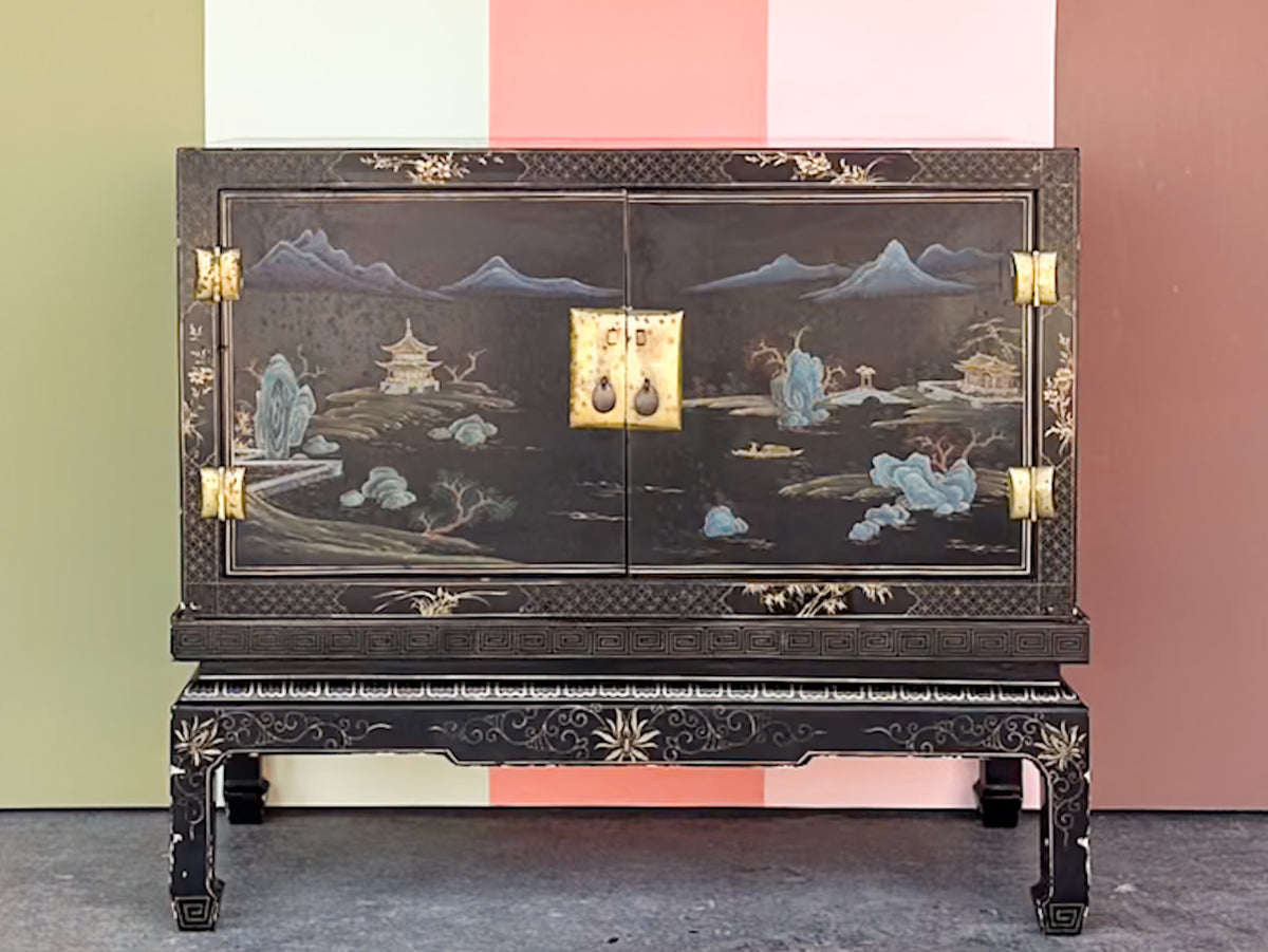 Black Chinoiserie Pagoda Cabinet