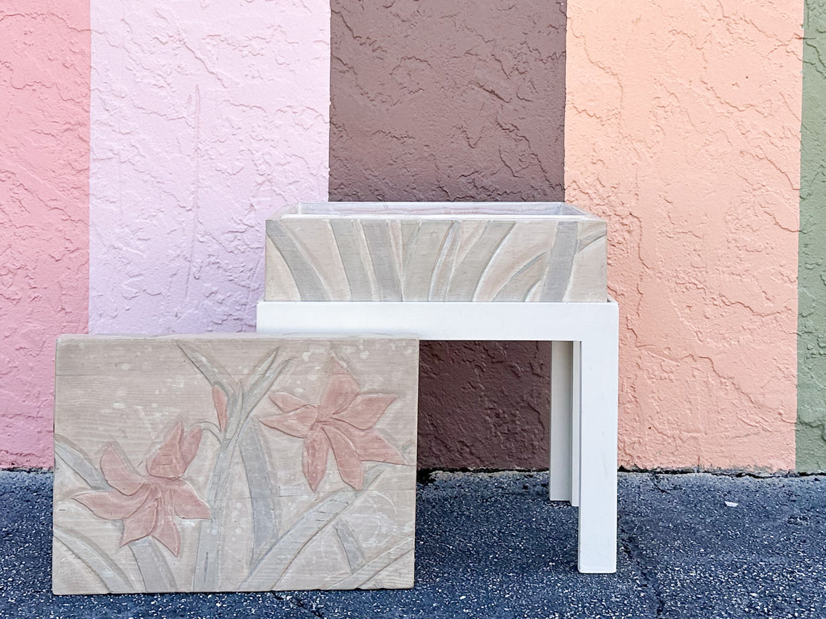 Wood Carved Pastel Floral Box on Stand