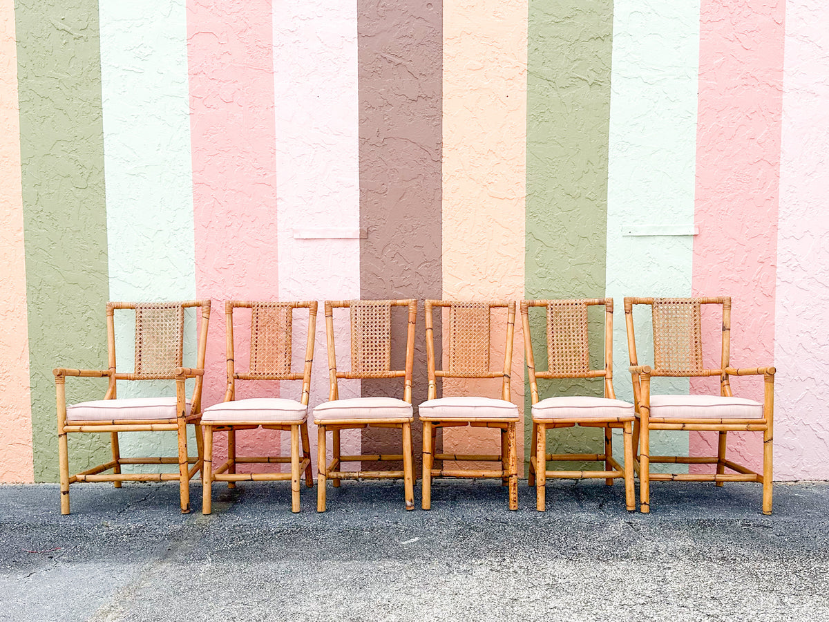 Set of Six Old Florida Rattan and Cane Dining Chairs