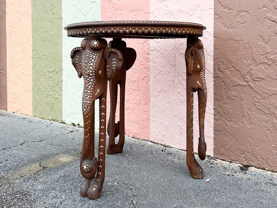 Inlaid Wood Elephant Side Table