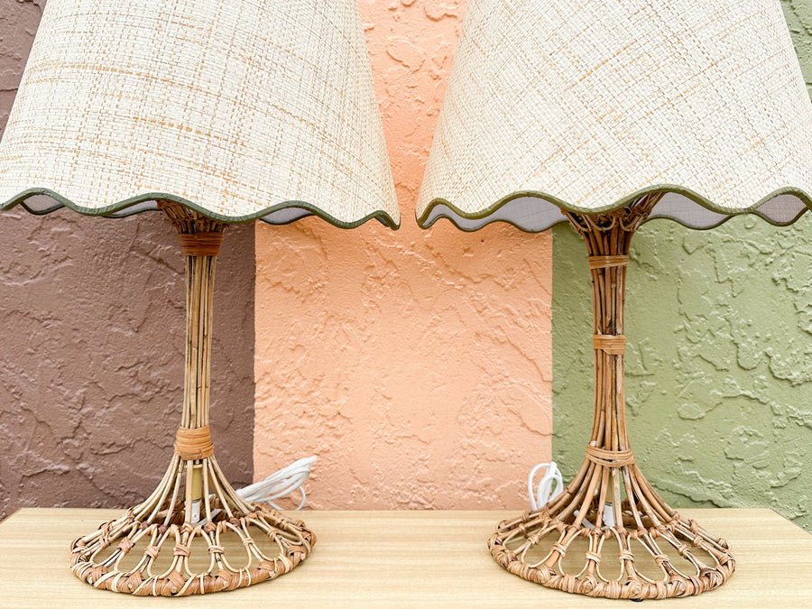 Pair of Bamboo Lamps with Custom Raffia Lampshades