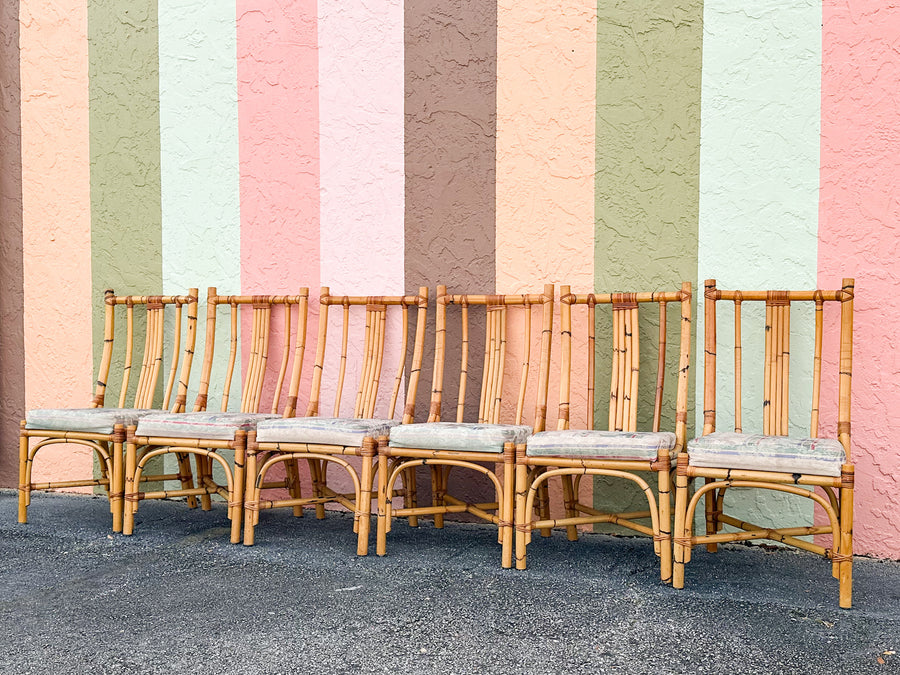 Set of Six Old Florida Rattan Dining Chairs