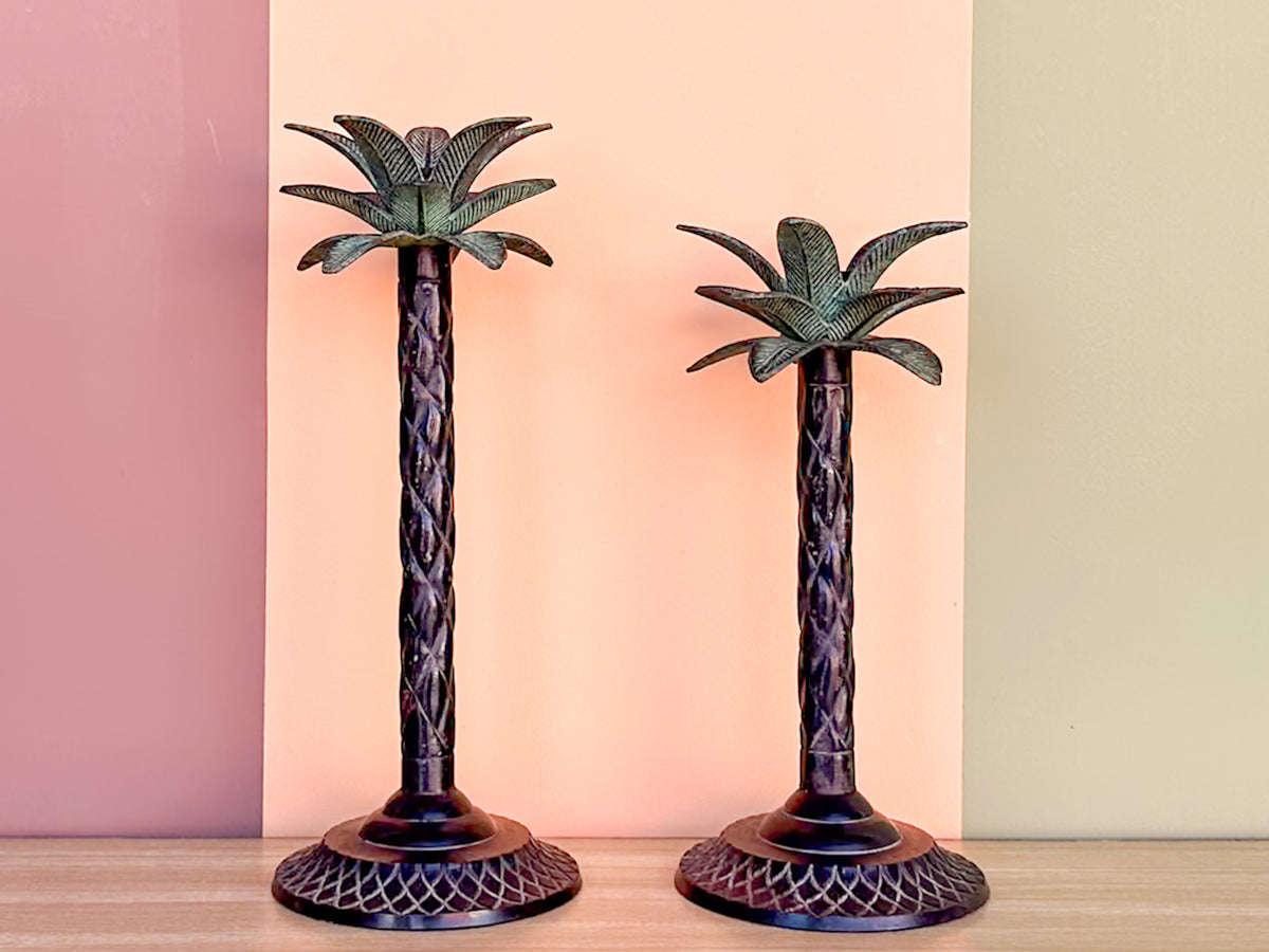 Pair of Metal Palm Tree Candle Holders