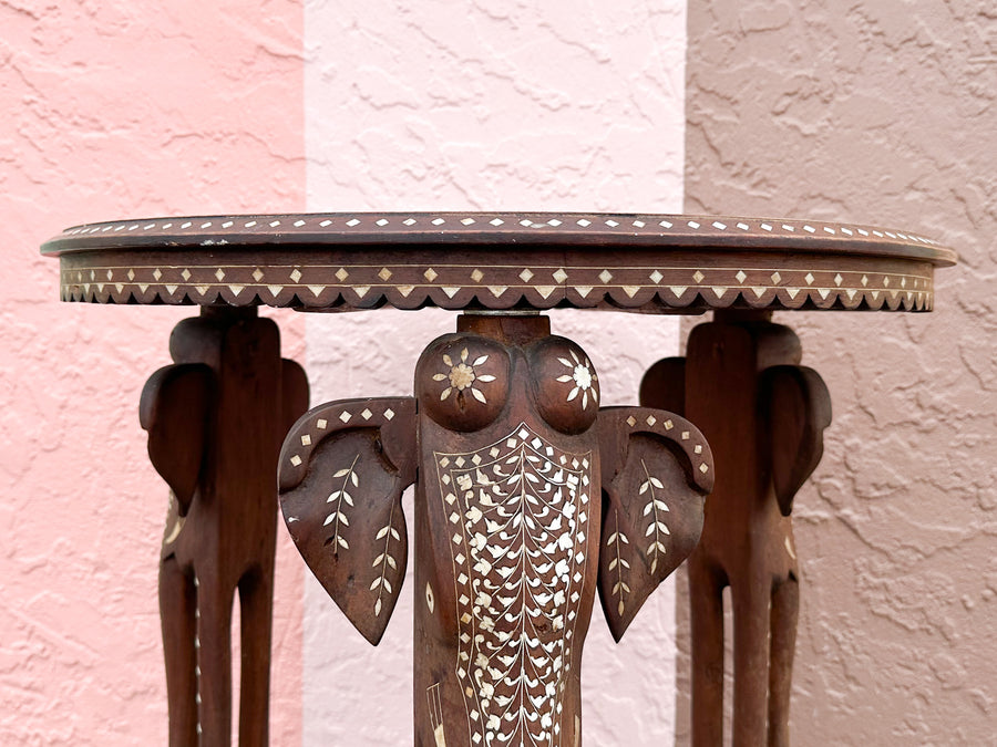 Inlaid Wood Elephant Side Table