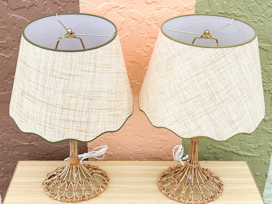 Pair of Bamboo Lamps with Custom Raffia Lampshades