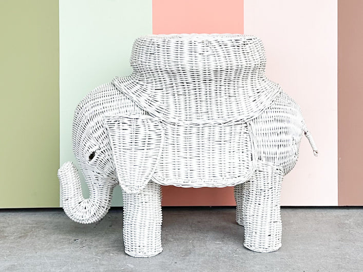 White Wicker Elephant Garden Seat